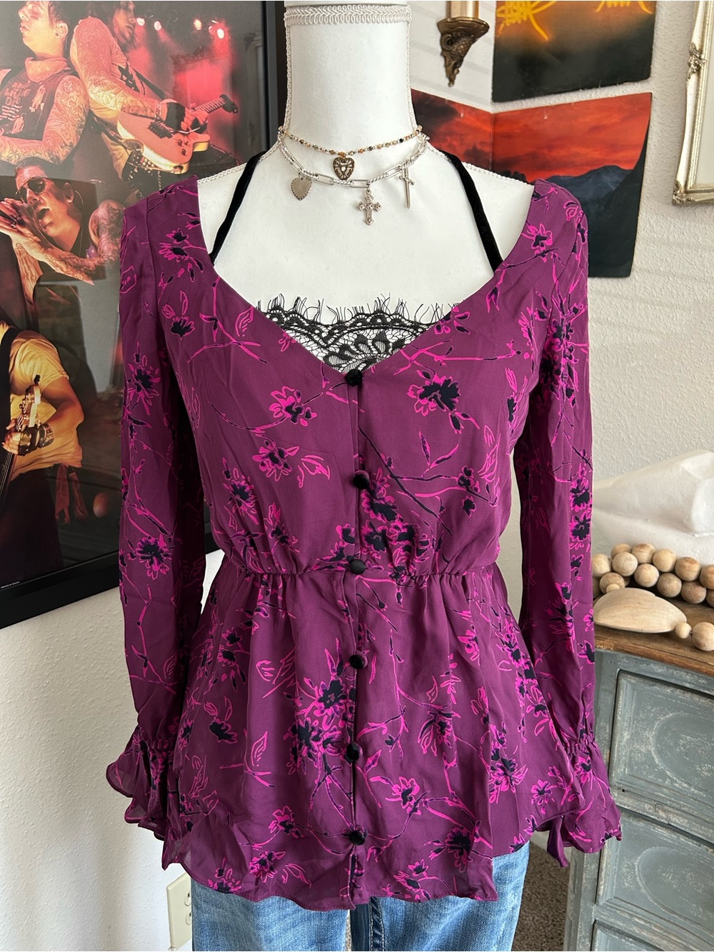 Whimsigoth Fairy Top Size XS 100% Silk Blouse Empire Velvet Button Ruffle Sleeve